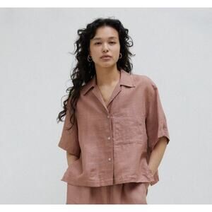 Deiji Studios Short Sleeve Collared Cropped Linen Top Smoke Pink Womens Size XS